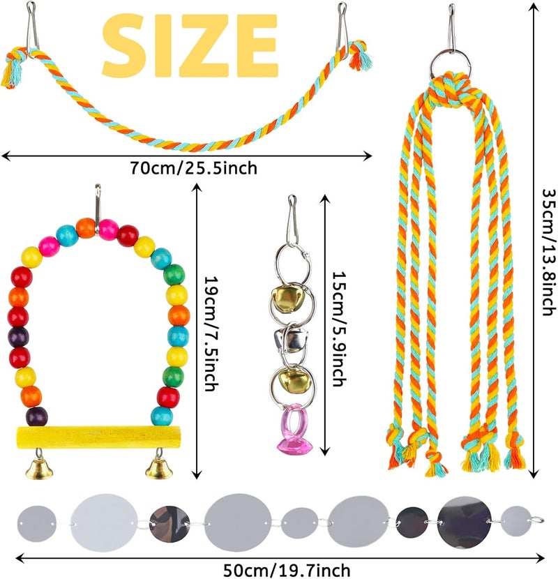 QUOZUO 8 pcs Bird Toys for Parakeets with Colorful Ladder Hammock Bird Cage Accessories Bird Perch Stand Chewing Toys Hanging Bell Parrot - Image 2